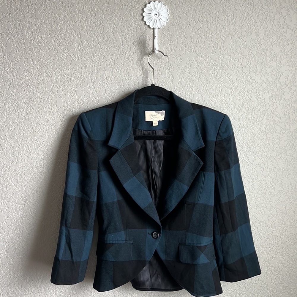Elizabeth and James Wool Green & Black Plaid Print Blazer Size 6